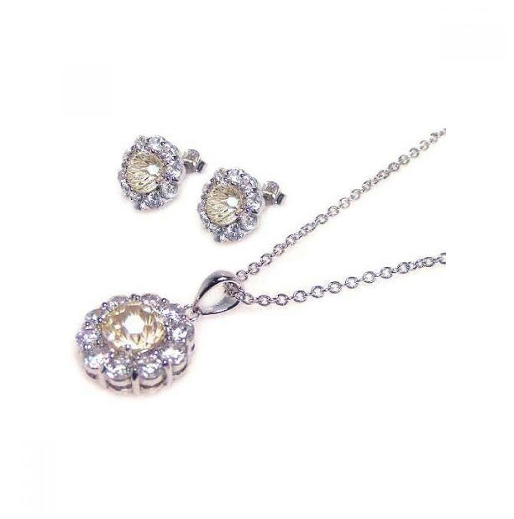 .925 Sterling Silver Rhodium Plated Round Flower Champagne Cz Stud Earring & Dangling Necklace Set