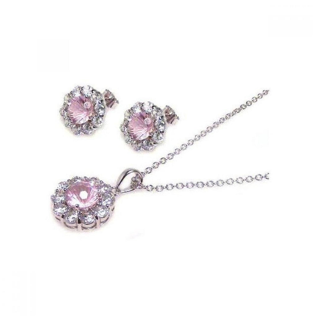 .925 Sterling Silver Rhodium Plated Pink & Clear Flower Cz Stud Earring & Dangling Necklace Set