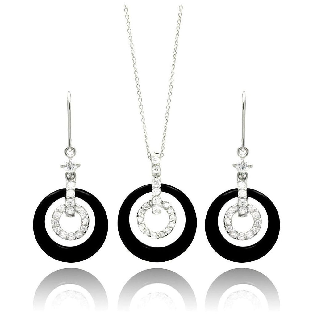 .925 Sterling Silver Rhodium Plated Open Circle Cz Black Onyx Wired Dangling Earring & Necklace Set