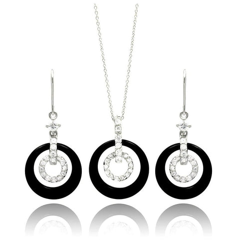 .925 Sterling Silver Rhodium Plated Open Circle Cz Black Onyx Wired Dangling Earring & Necklace Set