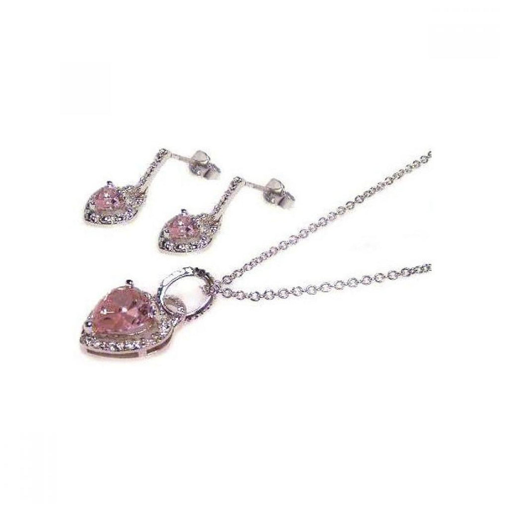 .925 Sterling Silver Rhodium Plated Pink Heart Cz Dangling Earring & Necklace Set