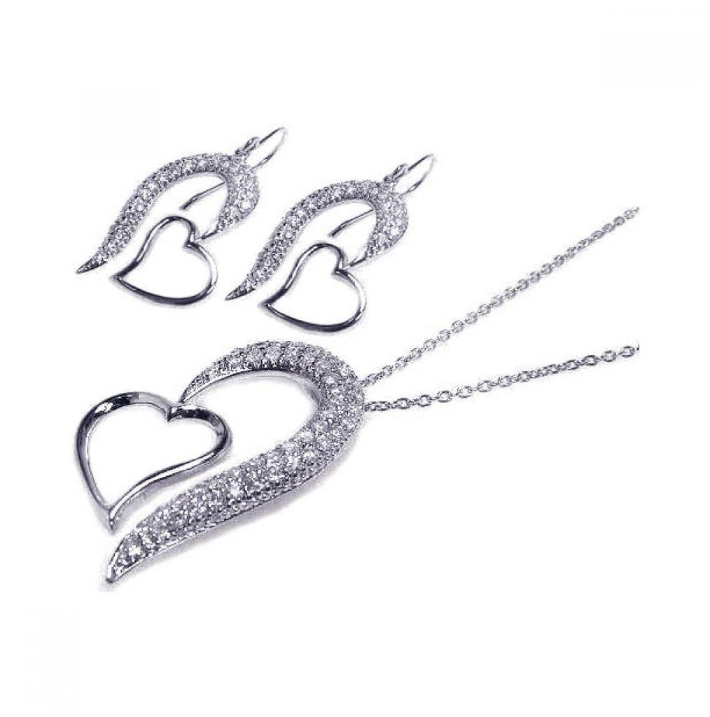 .925 Sterling Silver Rhodium Plated Micro Pave Open Heart Cz Hook Earring & Necklace Set