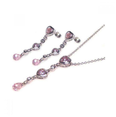 .925 Sterling Silver Rhodium Plated Graduated Pink Heart & Clear Teardrop Cz Dangling Earring & Necklace Set