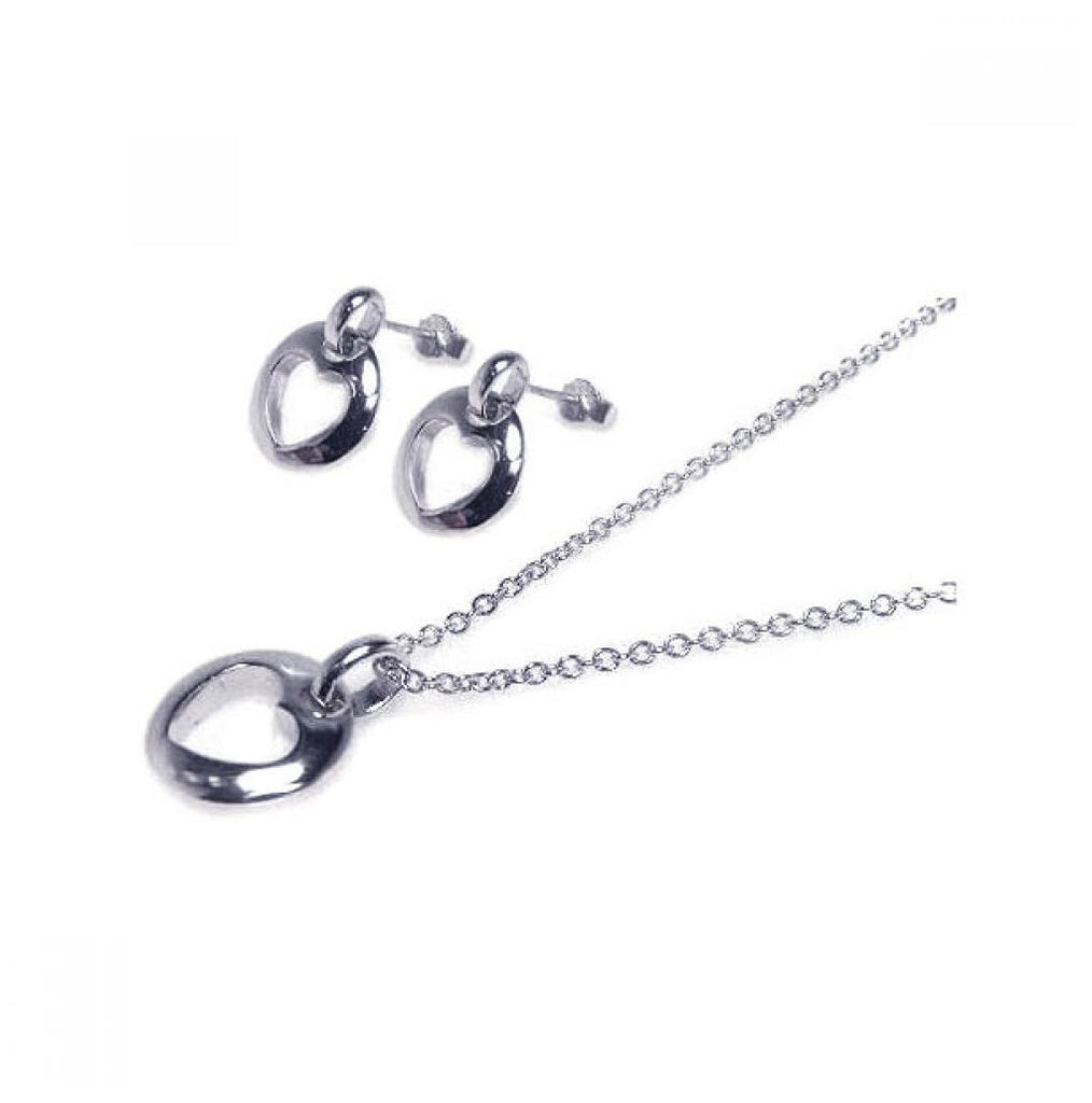 .925 Sterling Silver Rhodium Plated Open Circle Heart Stud Earring & Dangling Necklace Set