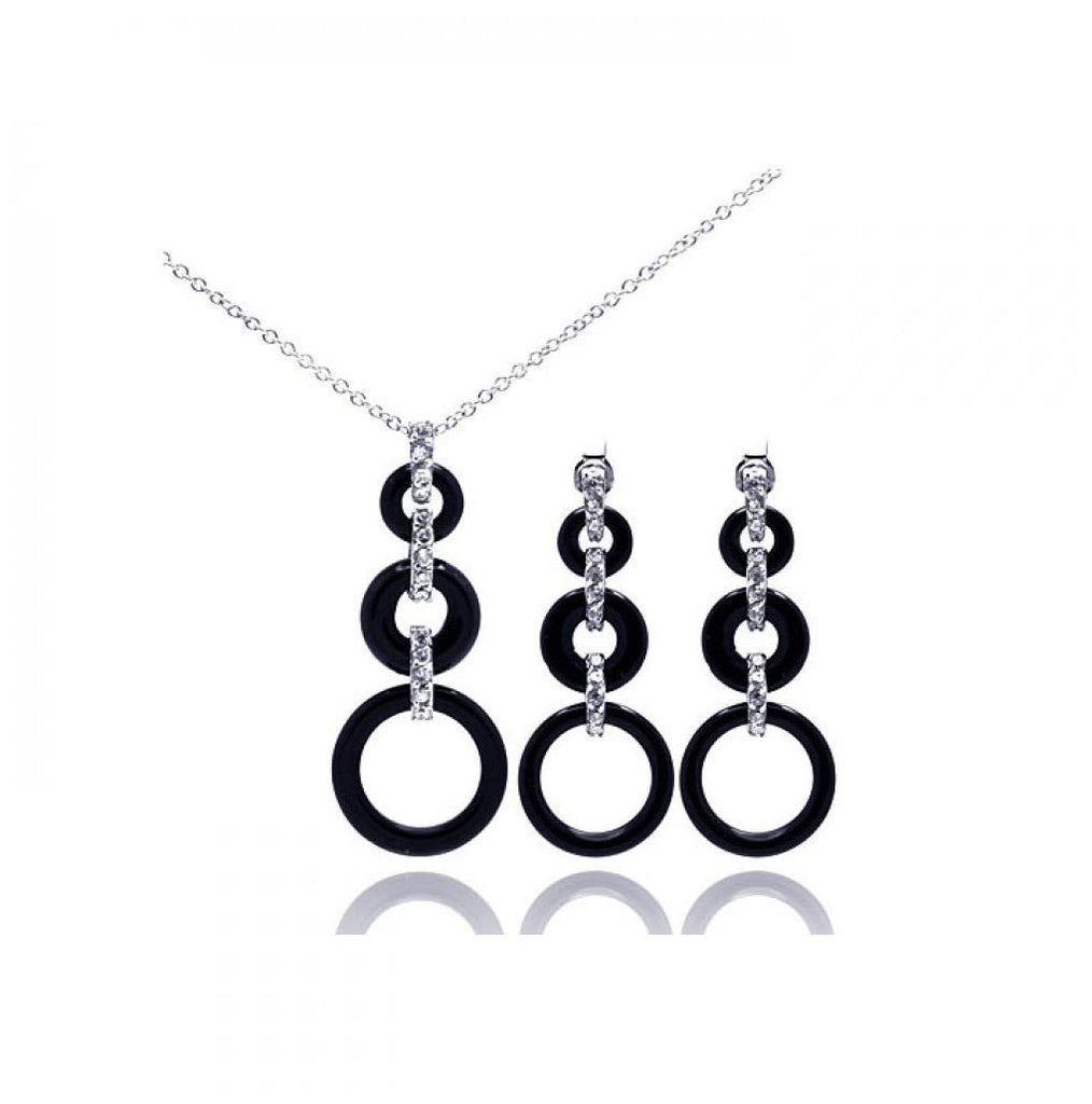 .925 Sterling Silver Rhodium Plated Multiple Round Cz Open Graduated Black Onyx Dangling Earring & Necklace Set