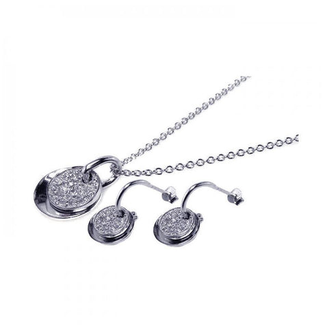 .925 Sterling Silver Rhodium Plated Micro Pave Oval Circle Cz Dangling Hook Earring & Necklace Set