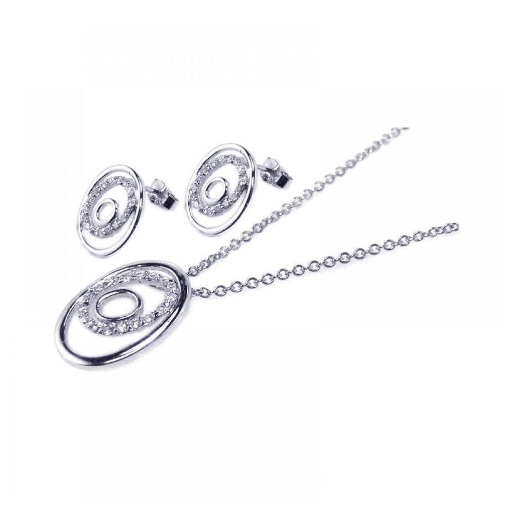 .925 Sterling Silver Rhodium Plated Open Circle Cz Stud Earring & Necklace Set