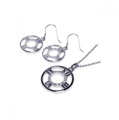 .925 Sterling Silver Rhodium Plated Open Circle Roman Numberal Clock Micro Pave Cz Dangling Hook Earring & Necklace Set