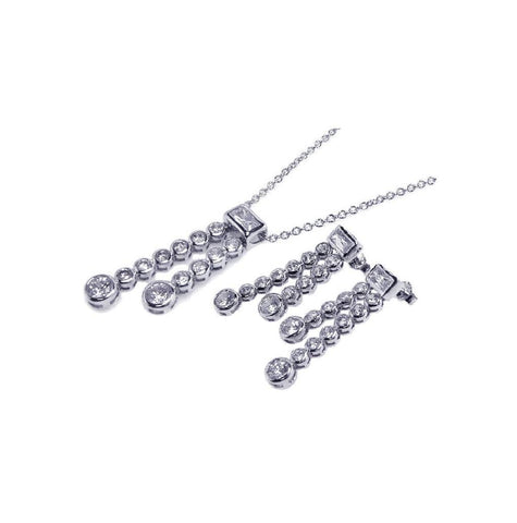 .925 Sterling Silver Rhodium Plated Two Graduated Round Strand Bagjuette Cz Stud Earring & Necklace Set