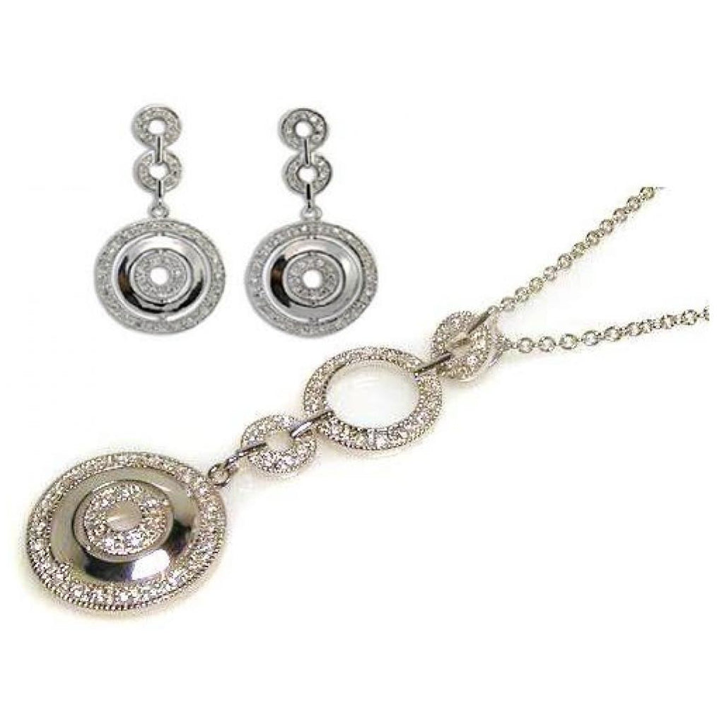 .925 Sterling Silver Rhodium Plated Multiple Graduated Circle Round Cz Wire Dangling Earring & Necklace Set