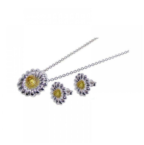 .925 Sterling Silver Rhodium Plated Yellow Flower Cz Stud Earring & Necklace Set