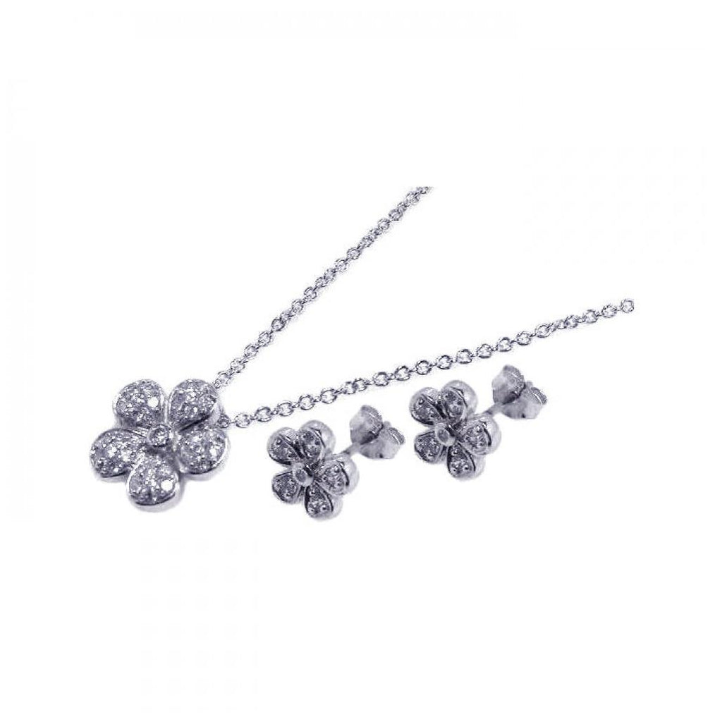 .925 Sterling Silver Rhodium Plated Flower Cz Inlay Stud Earring & Necklace Set