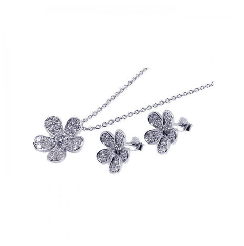 .925 Sterling Silver Rhodium Plated Flower Cz Inlay Stud Earring & Necklace Set