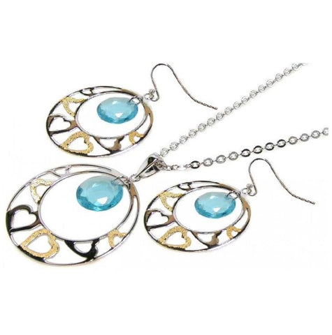 .925 Sterling Silver Rhodium Plated Multicolor Multitoned Multiple Heart Round Blue Cz Inlay Hook Earring & Necklace Set