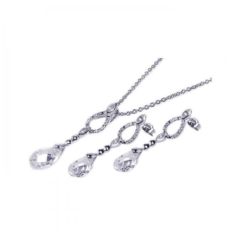 .925 Sterling Silver Rhodium Plated Open Teardrop Cz Dangling Stud Earring & Necklace Set