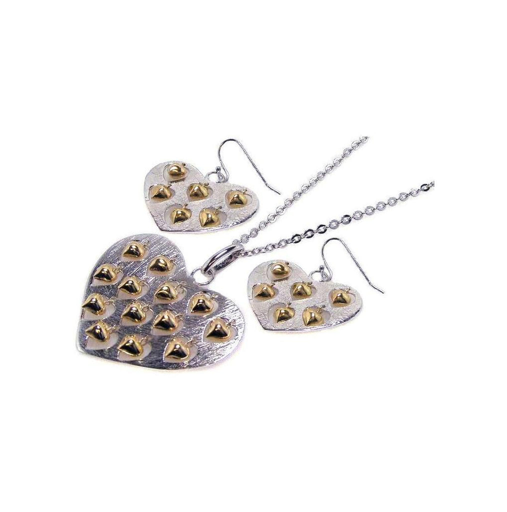 .925 Sterling Silver Gold Rhodium Plated Multiple Small Golden Heart Cz Hook Earring & Necklace Set