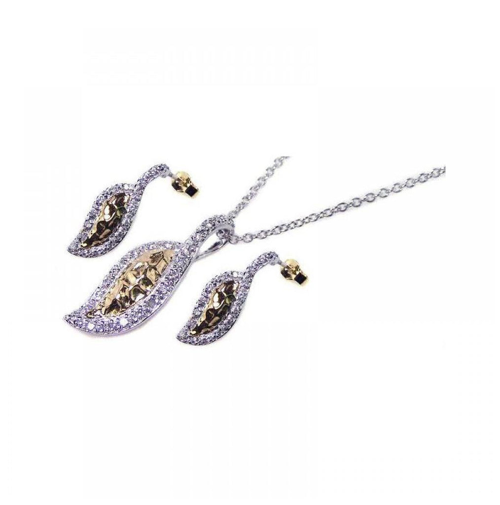 .925 Sterling Silver Gold & Rhodium Plated Curvy Marqui Cz Inlay Stud Earring & Necklace Set