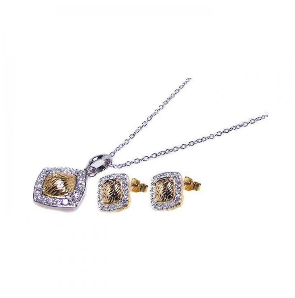 .925 Sterling Silver Gold & Rhodium Plated Square Cz Inlay Stud Earring & Necklace Set