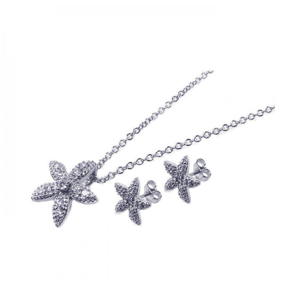 .925 Sterling Silver Rhodium Plated Flower Cz Stud Earring & Necklace Set