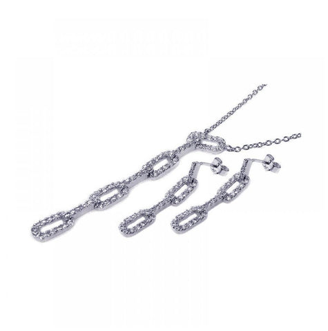 .925 Sterling Silver Rhodium Plated Multiple Rectagle Cz Dangling Stud Earring & Necklace Set