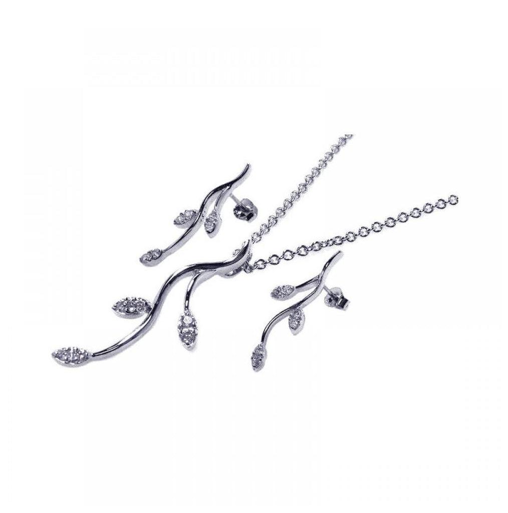 .925 Sterling Silver Rhodium Plated Marqui Cz Tree Branch Stud Earring & Necklace Set