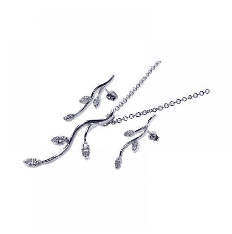 .925 Sterling Silver Rhodium Plated Marqui Cz Tree Branch Stud Earring & Necklace Set