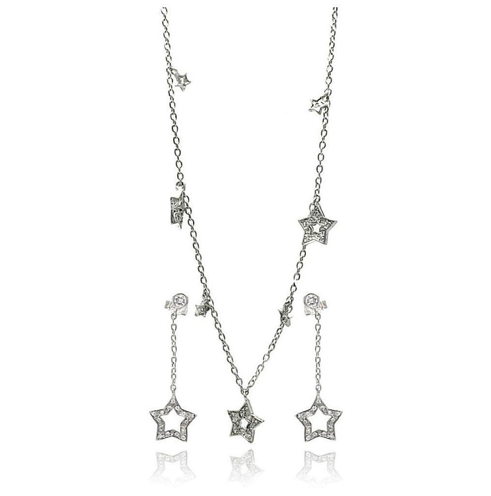 .925 Sterling Silver Rhodium Plated Multiple Open Star Dangling Cz Stud Earring & Necklace Set