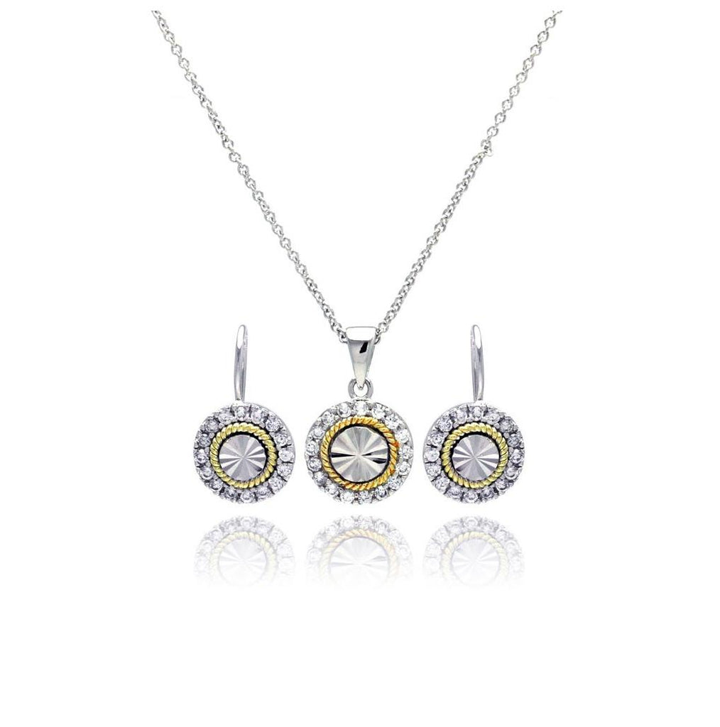 .925 Sterling Silver Gold & Rhodium Plated Round Cz Stud Earring & Necklace Set