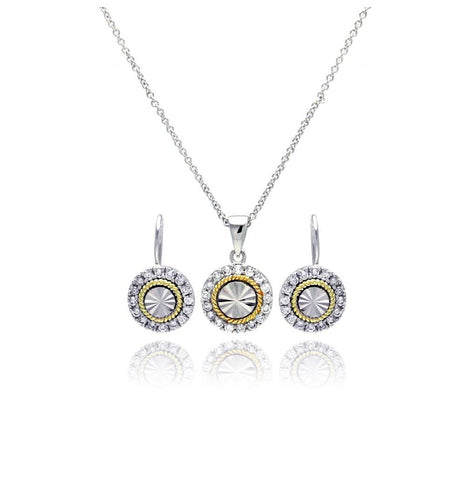 .925 Sterling Silver Gold & Rhodium Plated Round Cz Stud Earring & Necklace Set