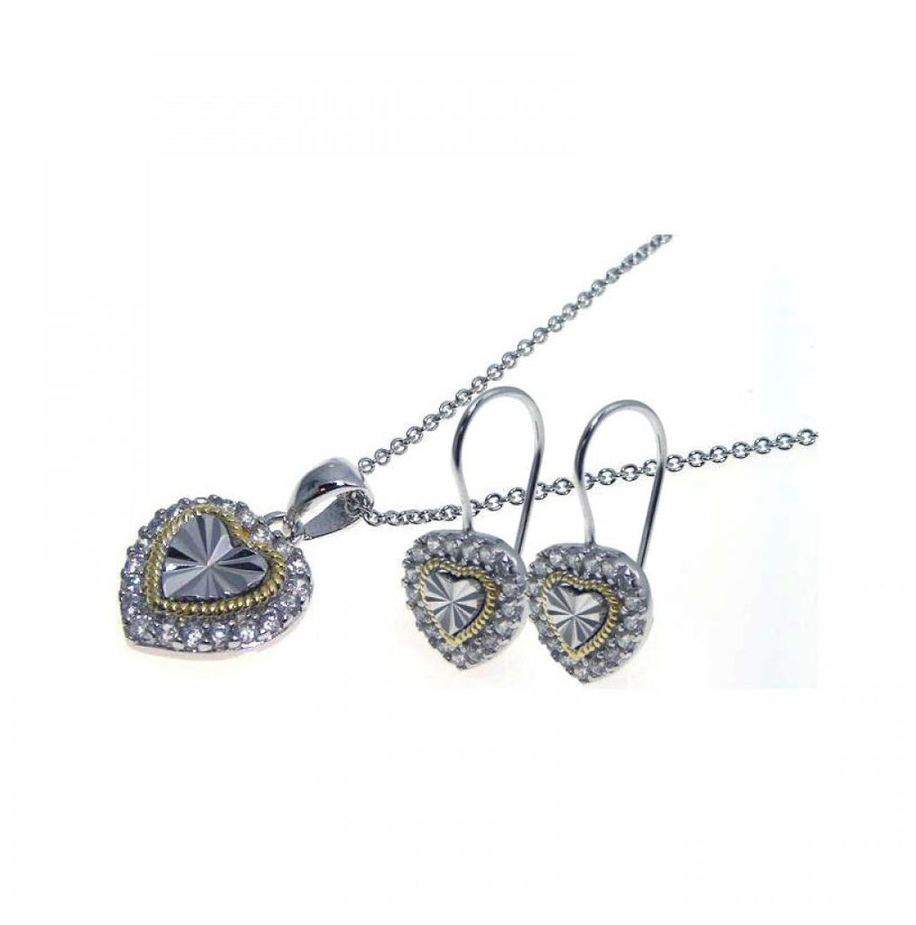 .925 Sterling Silver Gold & Rhodium Plated Heart Cz Hook Earring & Necklace Set