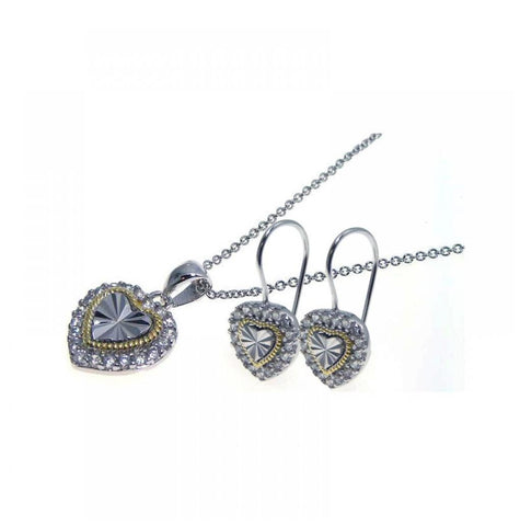 .925 Sterling Silver Gold & Rhodium Plated Heart Cz Hook Earring & Necklace Set