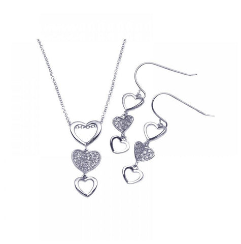 .925 Sterling Silver Rhodium Plated Multiple Graduated Open & Closed Heart Cz Hook Earring & Necklace Set