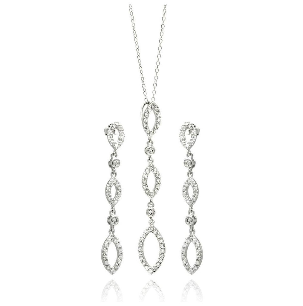 .925 Sterling Silver Rhodium Plated Open Marqui Dangling Cz Studearring & Necklace Set