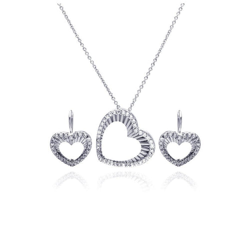 .925 Sterling Silver Rhodium Plated Open Heart Cz Hoop Earring & Necklace Set