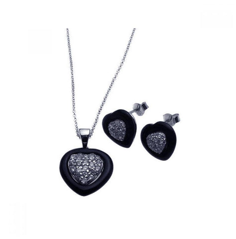 .925 Sterling Silver Rhodium Plated Heart Clear Cz Inlay Black Onyx Stud Earring & Necklace Set