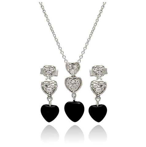 .925 Sterling Silver Rhodium Plated Dangling Heart Cz Black Onyx Stud Earring & Necklace Set