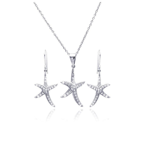 .925 Sterling Silver Rhodium Plated Starfish Cz Dangling Hook Earring & Necklace Set