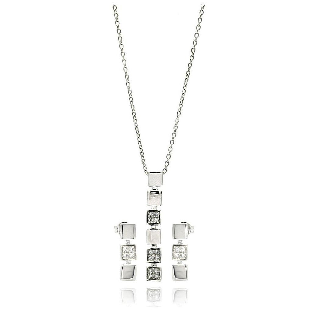 .925 Sterling Silver Rhodium Plated Multiple Square Cz Dangling Earring & Necklace Set