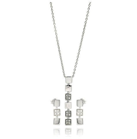 .925 Sterling Silver Rhodium Plated Multiple Square Cz Dangling Earring & Necklace Set