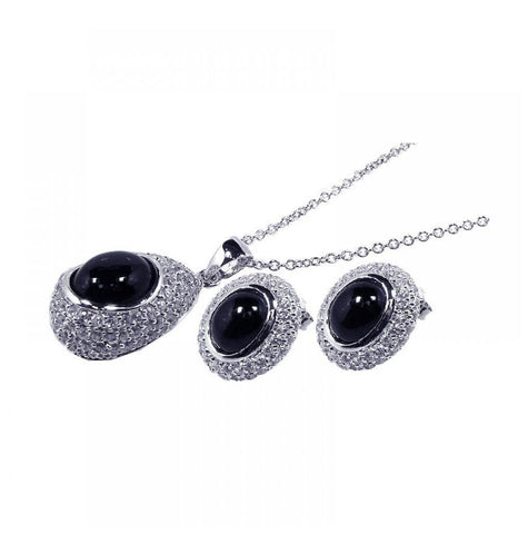 .925 Sterling Silver Rhodium Plated Round Cz Black Circle Onyx Stud Earring & Necklace Set