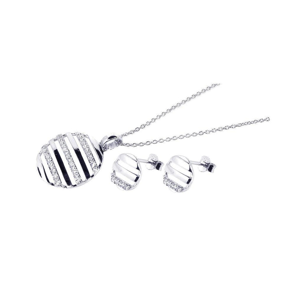 .925 Sterling Silver Rhodium Plated Circle Stripped Cz Stud Earring & Necklace Set