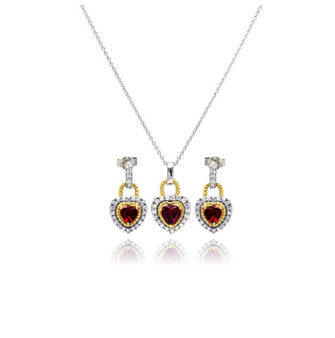 .925 Sterling Silver Gold & Rhodium Plated Heart Red Cz Inlay Dangling Stud Earring & Necklace Set