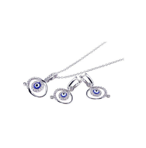 .925 Sterling Silver Rhodium Plated Blue Evil Eye Cz Dangling Stud Earring & Necklace Set