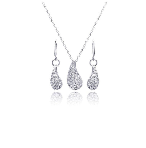 .925 Sterling Silver Rhodium Plated Eggplant Teardrop Cz Dangling Hoop Earring & Necklace Set