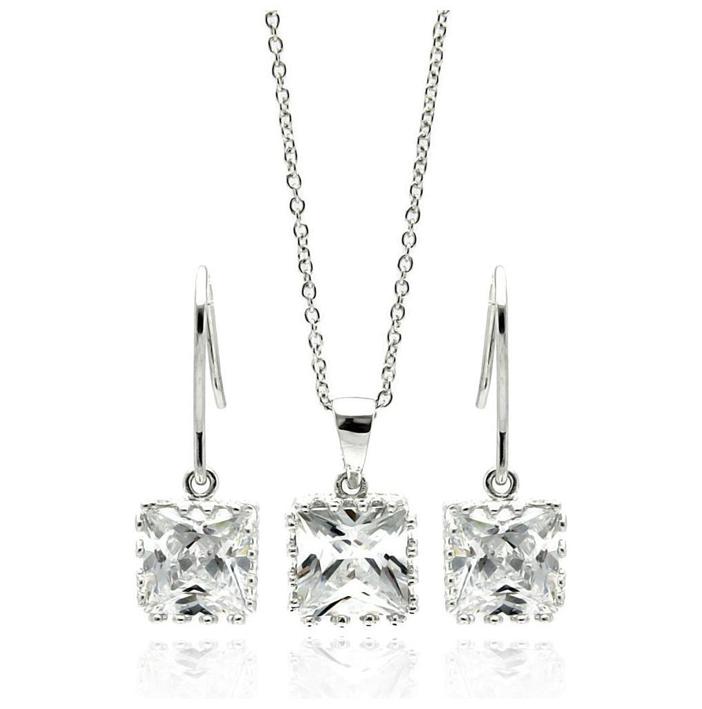 .925 Sterling Silver Rhodium Plated Square Clear Cz Hook Dangling Earring & Necklace Set