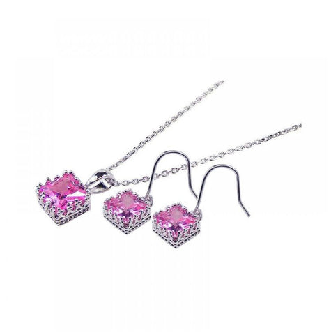 .925 Sterling Silver Rhodium Plated Square Pink Cz Hook Earring & Necklace Set