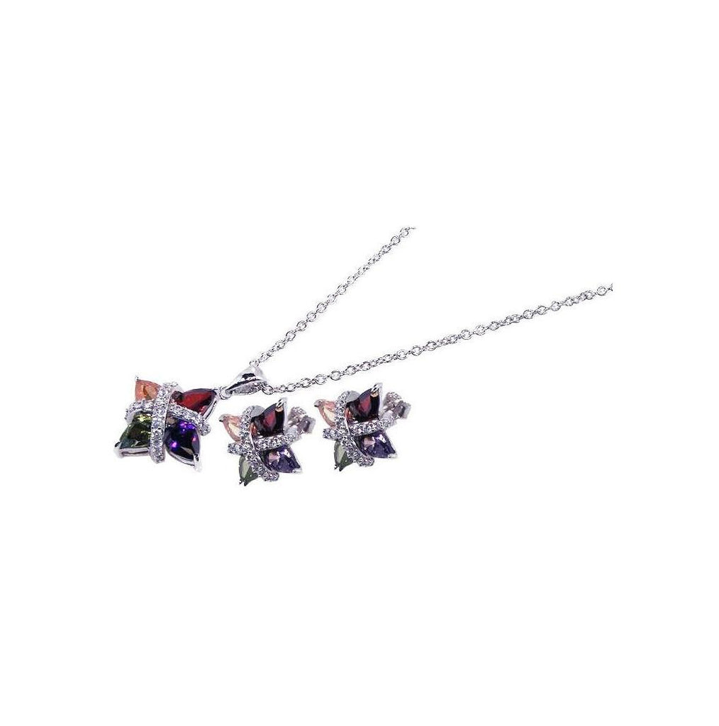.925 Sterling Silver Rhodium Plated Multiple Color Cz Stud Earring & Necklace Set