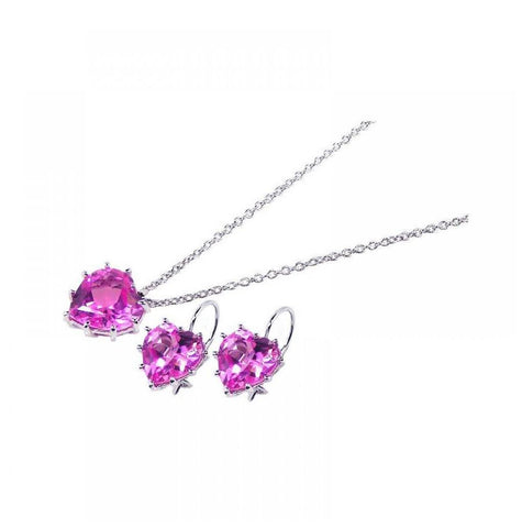 .925 Sterling Silver Rhodium Plated Heart Pink Cz Hook Earring & Necklace Set