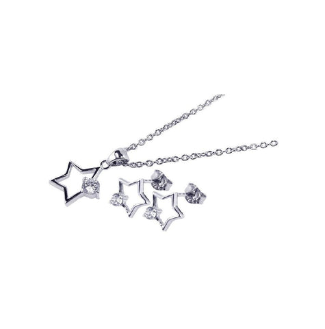 .925 Sterling Silver Rhodium Plated Open Star Cz Stud Earring & Necklace Set