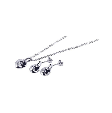 .925 Sterling Silver Rhodium Plated Circle Heart Cz Inlay Stud Earring & Necklace Set